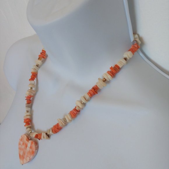 Handmade Valentines Heart Necklace with Peach Coral White Shell Beads 19 Inch - Picture 13 of 16